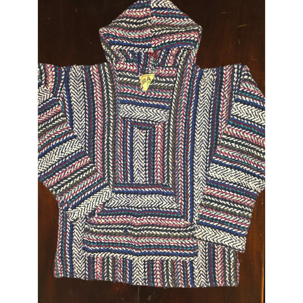 Baja Joe Striped Drug Rug Hoodie Blue Pink White Woven Mexican Poncho Mens Med